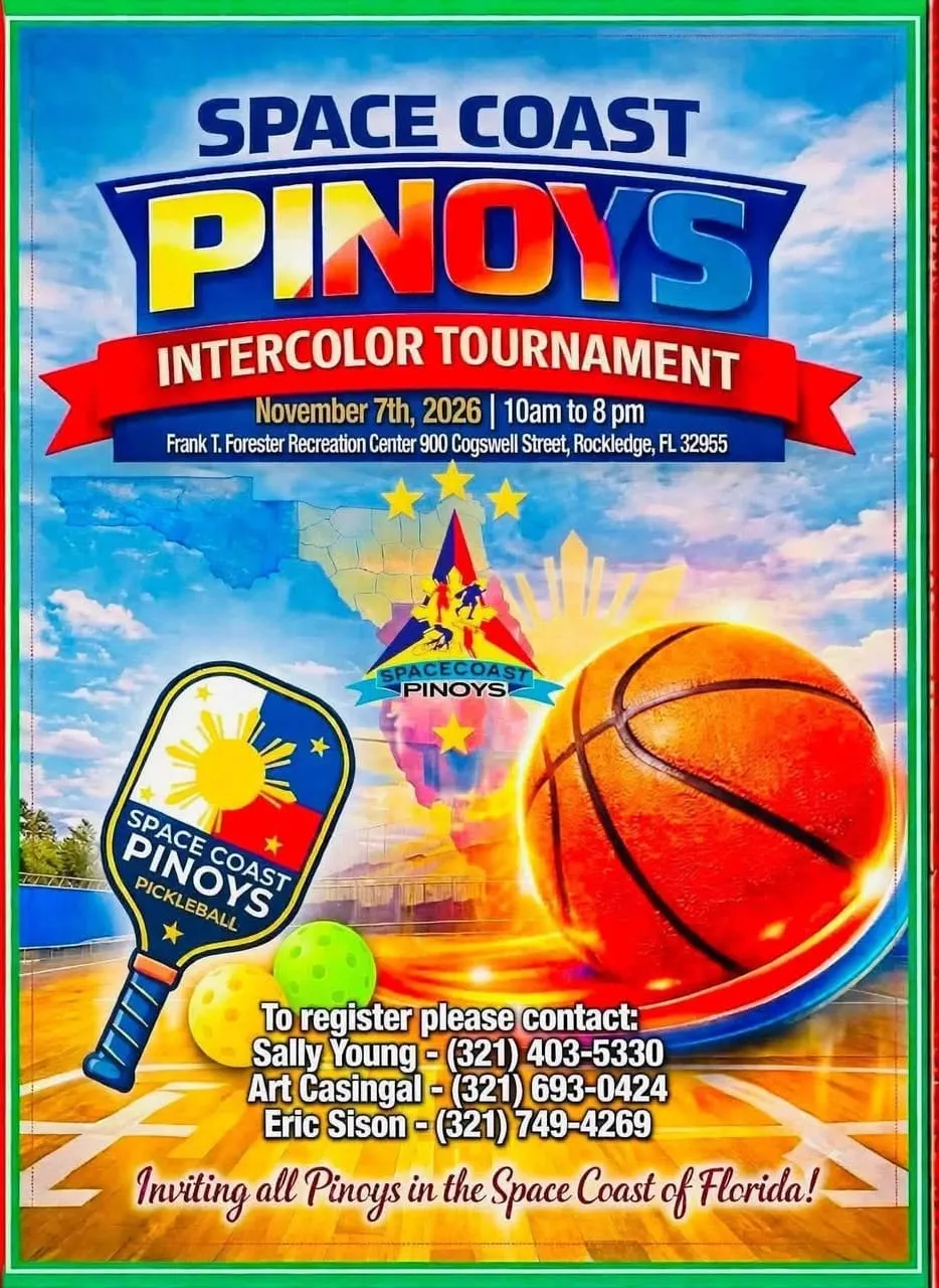 Space Coast Pinoys Intercolor Tournament poster with a basketball and a pickleball paddle: November 7th, 2026, 10 AM to 8 PM, Frank T. Forester Recreation Center, Rockledge.